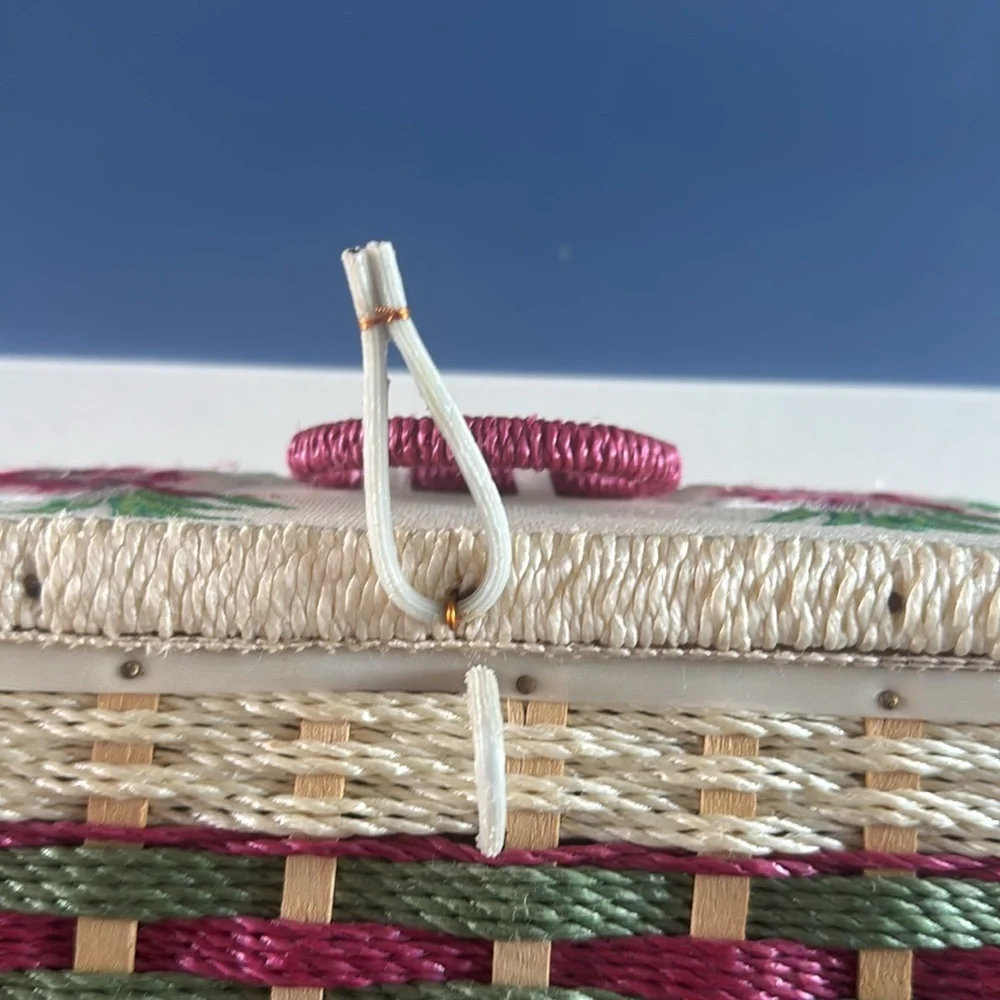 Vintage Wicker Sewing Box pink floral embroidered Lid with Built-in Pin Cushion